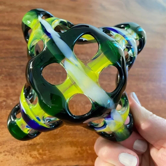 MCM Fused Glass Green Yellow Blue Lattice Style Candle Holder or Trinket Dish - Picture 9 of 15